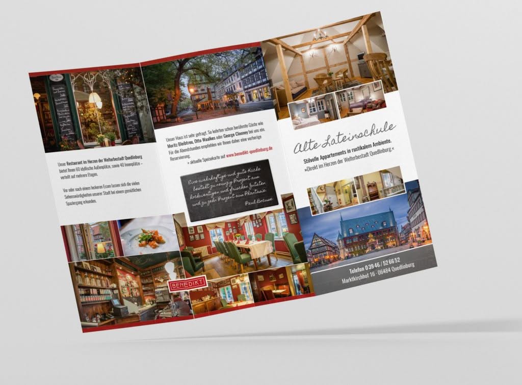 Sechsseitiger Flyer für Alte Lateinschule und Restaurant Benedikt in Quedlinburg